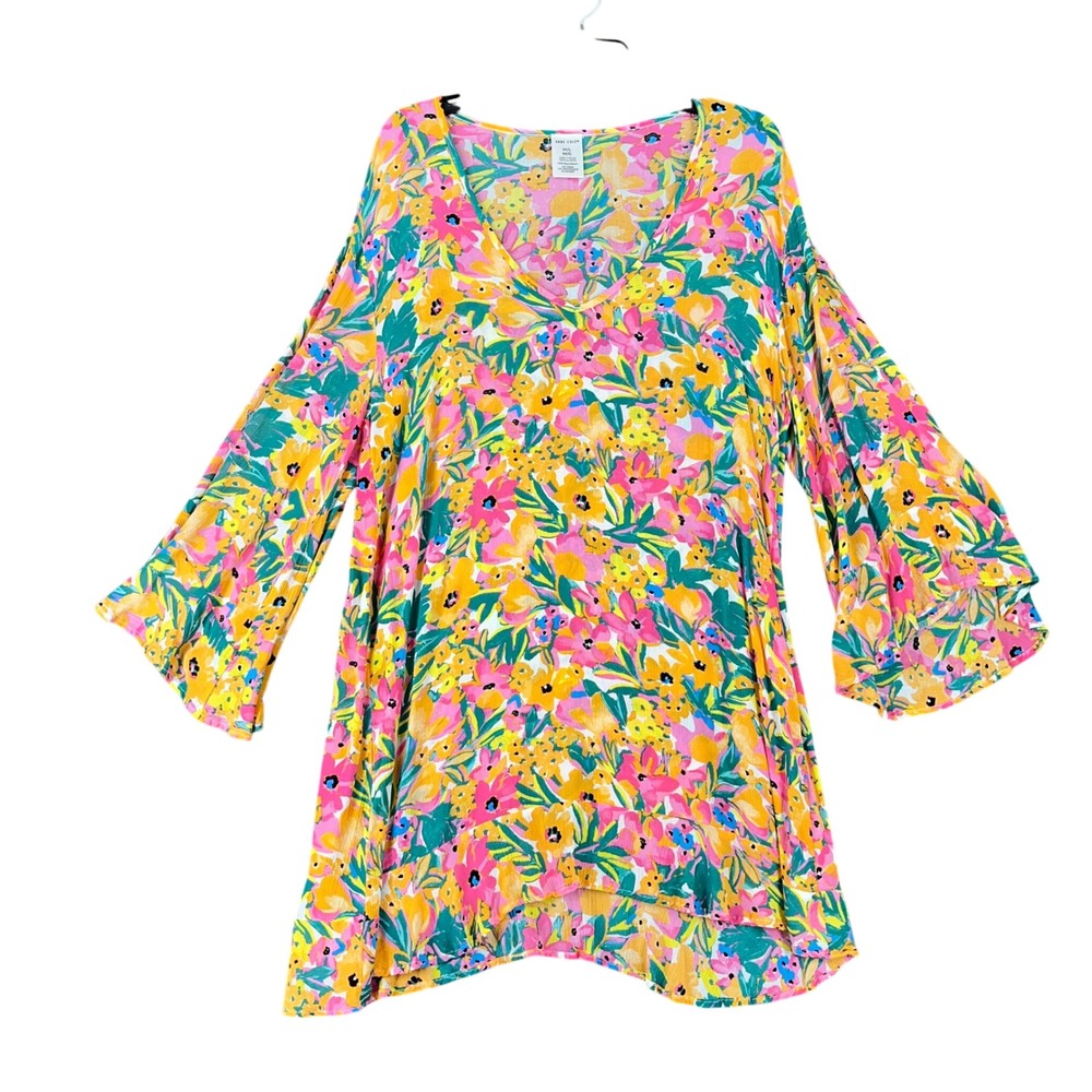 Anne Cole Floral V Neck Dress M/L Relaxed Woven Bell Sleeve Flowy Pullover Tunic